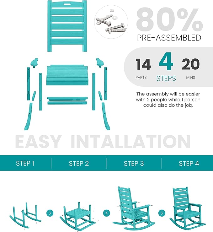 SERWALL Outdoor Rocking Chair Set of 4, Oversized HDPE Patio Rocking Chair with Footrest for Adults, All Weather Porch Rocker for Deck Patio Balcony, Aruba
