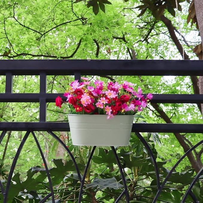 3 Pack Metal Railing Planters, 10.5" Oval Hanging Flower Pots with Detachable Hooks & Drainage Holes, Fits Rails up to 2.36", Galvanized Iron Fence Bucket for Balcony Garden Patio - Blue