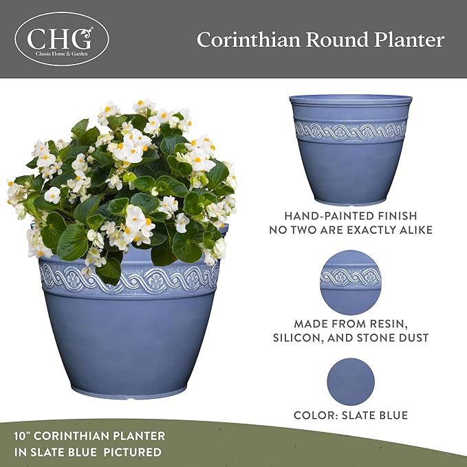 Classic Home and Garden Corinthian Round Planter, 13" Slate Blue