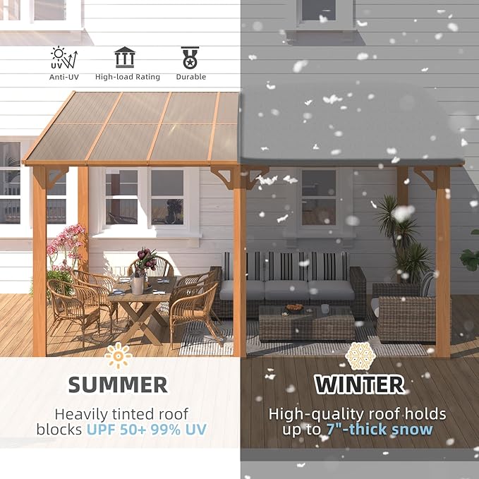 AECOJOY 14' x 10' Gazebo for Patio, Wood Grain Hard Top Lean to Gazebo Pergola with Roof (140 Sq.Ft Shaded), Large Wall-Mounted Heavy Duty Awnings for Patio, Decks, Backyard and More