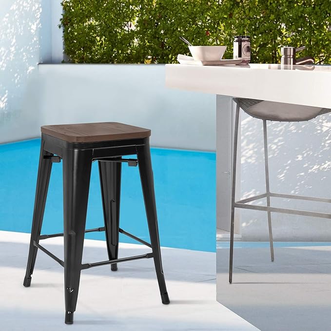 FDW Metal Bar Stools Set of 4 Counter Height Bar Stools 24 Inches Industrial Bar Chairs Patio Stool Stackable Backless Stool Indoor Outdoor Metal Kitchen Stools Bar Chairs (Black with Wood, 24")