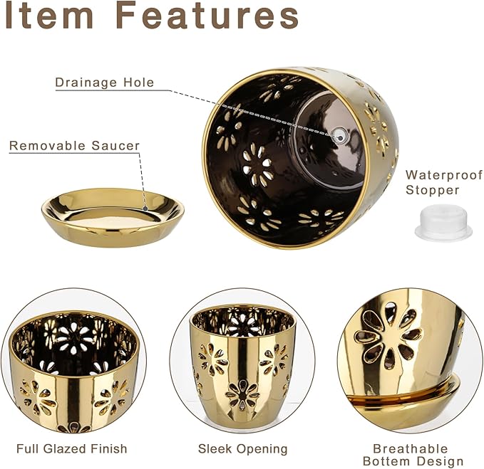 Oairse 6 inch Orchid Pots with Holes, Gold Ceramic Orchid Pot for Repotting Small Indoor Plant Pots with Drainage Holes and Saucers Decorative Flower Planter for Orchids, Indoor Plant