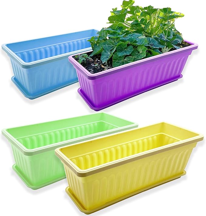 4 Packs 17 Inch Rectangular Window Flower Box Planter with Tray for Balcony, Windowsill, Garden