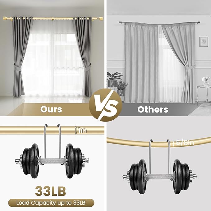 Gold Curtain Rod Itself is 30-144 inch 2 Pack, Fit 30 to 142, 66 to 120 inch Windows with 1 Inch Diameter, Splicing Extra Long Heavy Duty Adjustable Telescopic Rod