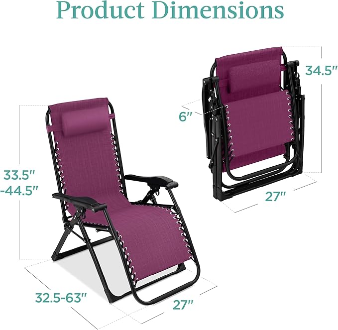 Best Choice Products Oversized Zero Gravity Chair, Folding Outdoor Patio Recliner, XL Anti Gravity Lounger w/Removable Cushion, Cup Holder, Side Tray, 350lb Capacity - Amethyst Purple