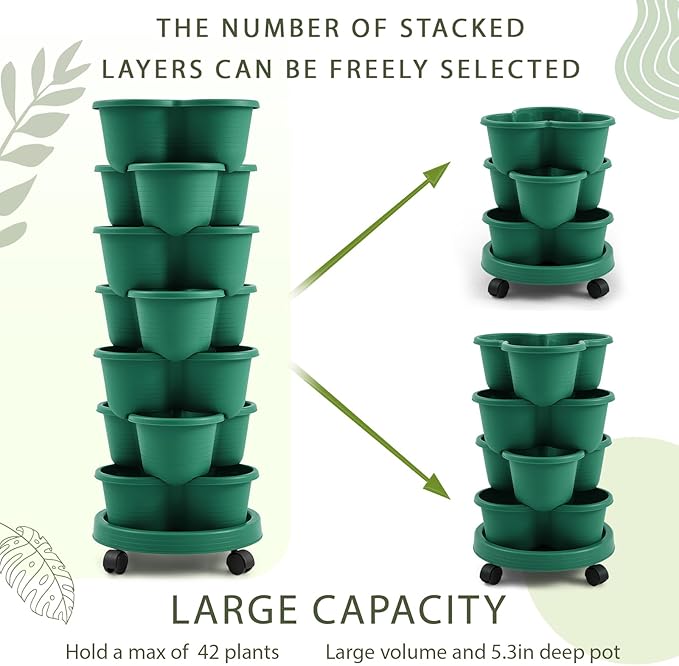 Umigy 2 Set Dark Green 7 Tier Stackable Vertical Planters with Removable Wheels and Tools Tower Planters Strawberry Herb Flower Vegetable Pots Indoor Outdoor Gardening Pots
