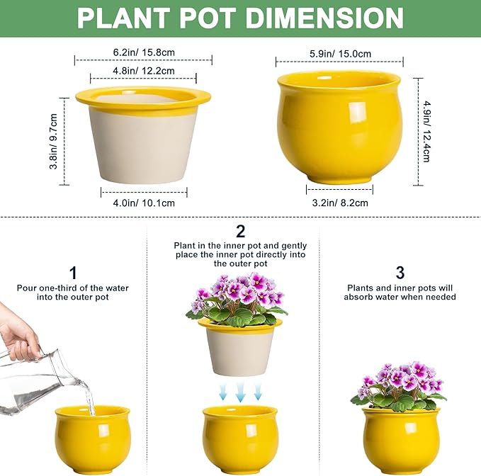 Ceramic Self Watering Planters, 6 Inch African Violet Pots for Indoor Outdoor Plants, Ceramic Plant Pot with Absorbent Inner Pot, Round Flower Pots, Living Room Decor, Gifts for Women, Yellow