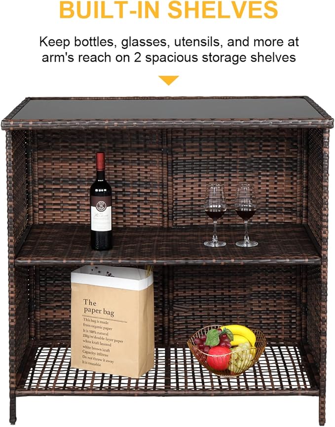 Outvita Wicker Patio Outdoor Bar Set with Glass Top Table and Two Cushioned Stools Brown Backyard Furniture Poolside, Garden, Porches
