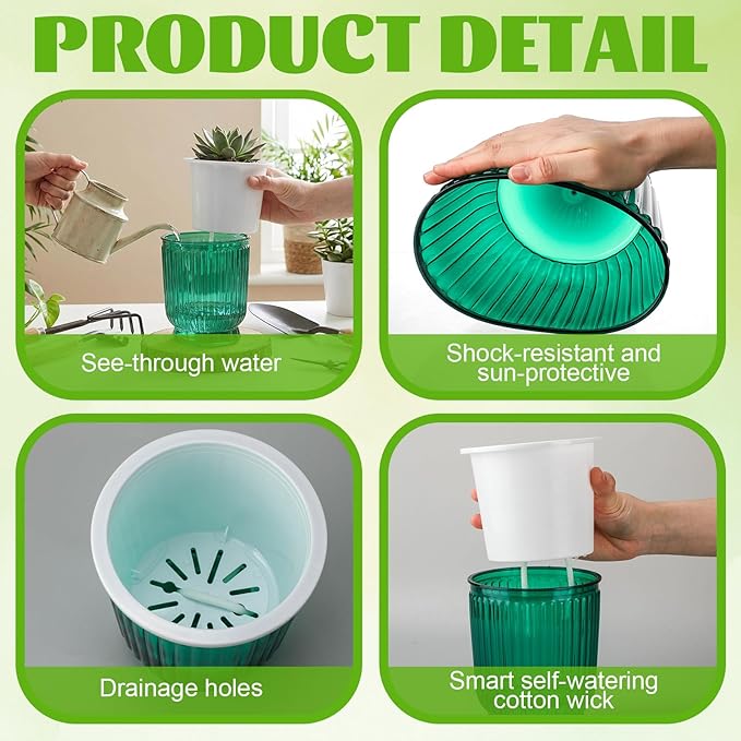 Set of 6 Self Watering Plant Pot 3 Sizes Plastic Double Layer Self Watering Flower Pot with Multi Mesh Drainage Holes Wicking Reservoir for Indoor Outdoor Garden Plants(Green)