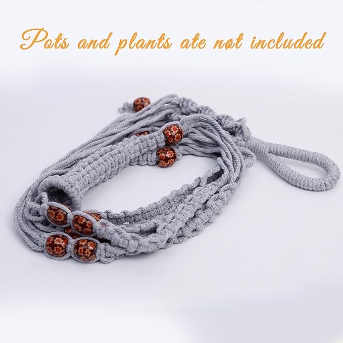 35 Inch Macrame Plant Hanger, Large for up to 15 Inch Pot Extra Long Hanging Planter Holder Basket with Wood Beads for Indoor Outdoor Home Decor (Grey, 2-Pack)