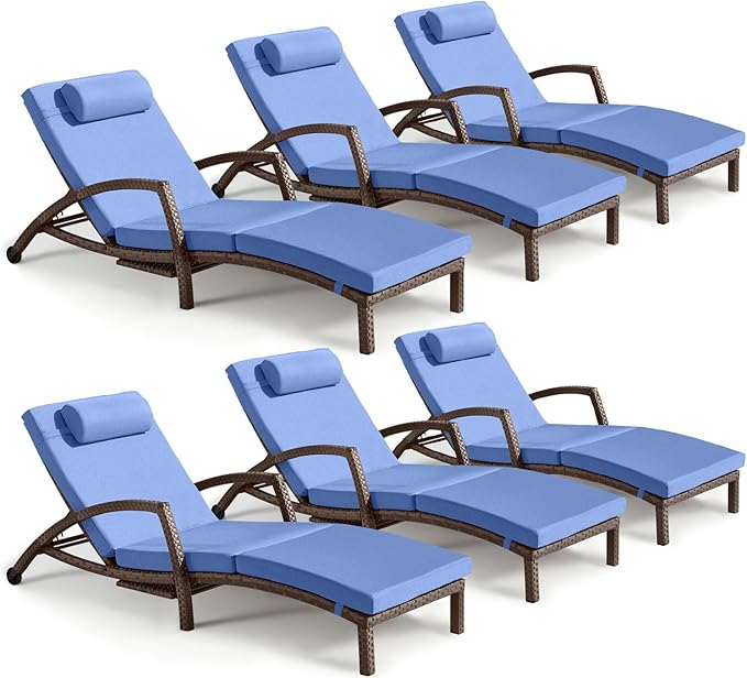 Chaise Lounge Chairs Outdoor Set of 6, Comfy Outside Wicker Patio Pool Lounge Chair w/ 5 Adjustable Back Angle, Cup Holder, Thicken Cushion
