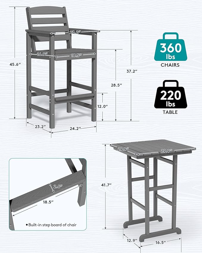SERWALL 6 Pieces Outdoor Patio Bar Set with 9ft Umbrella, Outdoor HDPE Barstool and Table Furniture Set with Patio Umbrella, Gray