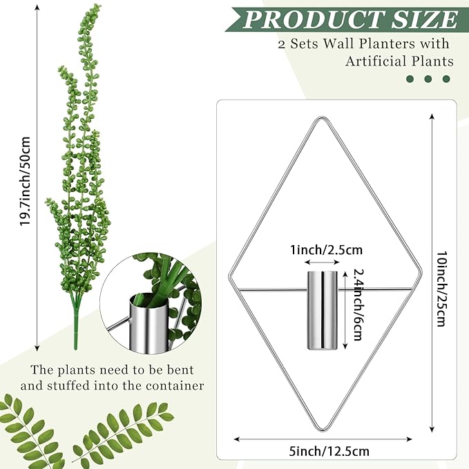 2 Pieces Wall Decor Hanging Planters with Artificial Plants Metal Hanging Vase Indoor Plants Holder Modern Boho Wall Art for Bathroom Bedroom Living Room Decor, Silver, Succulents