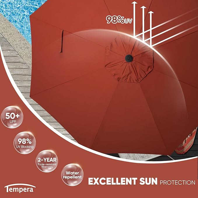 Tempera Patio Market Outdoor Table Umbrella with Auto Tilt and Crank, Large Sun Umbrella with Sturdy Pole & Fade Resistant Canopy, Easy to Set