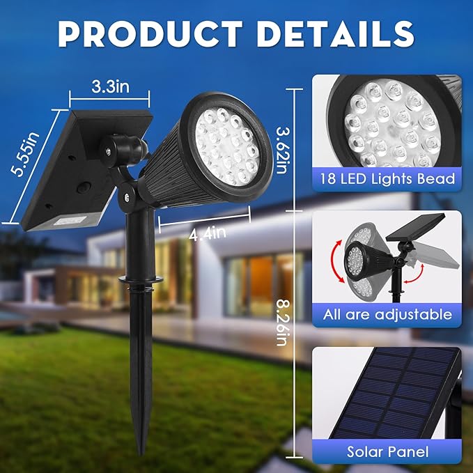 Solar Spot Lights Outdoor, 2-in-1 Wall Mount & Ground Stake 18 LEDs with 2 Lighting Modes, 7 Colors Changing, IP65 Waterproof Solar Landscape Lights for Garden, Pathway, Yard, Patio (2 Pack)