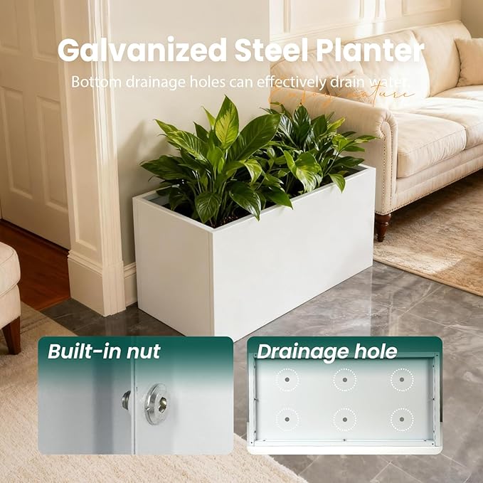 White Steel Planter Rectangular Outdoor Indoor Planter Box Galvanized Steel Metal 32" L x 16" W x 16" H Large Planters Flower Pot Modern Commercial Residential for Trees Patio Yard Garden