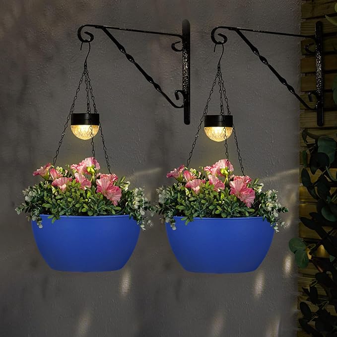 BAYN 2 Packs Solar Hanging Basket Planters for Plants Outdoor, Self Watering Blue Flower Plants Pots with Solar Light Drainer for Balcony Patio Garden Outdoor Decoration