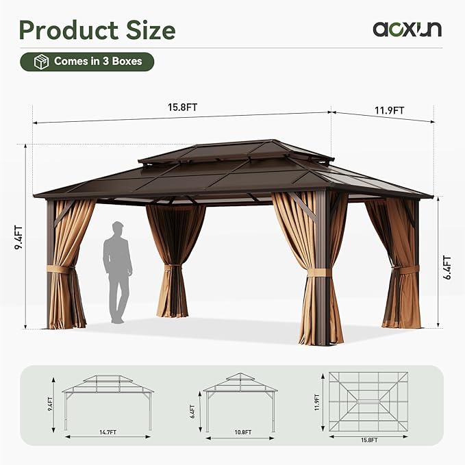 Aoxun 12'x16' Hardtop Gazebo, Aluminum Frame Permanent Pavilion with Curtains and Netting, Outdoor Polycarbonate Double Roof Canopy, Designed for Garden, Lawns, Patio