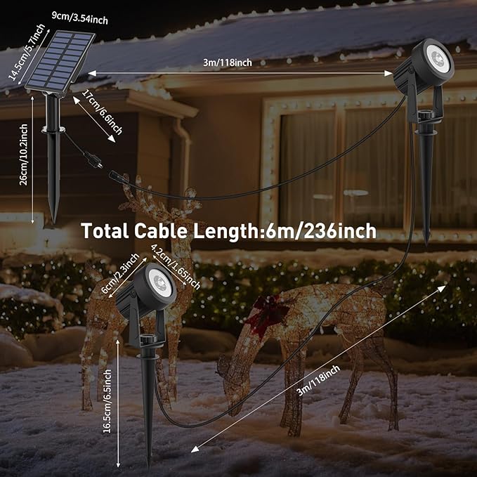 T-SUNUS Christmas Solar Spot Lights Outdoor White 6000K IP65 Waterproof 2-in-1 Landscape Spotlights, 9.8ft Cable Separate Panel Auto Dusk to Dawn for Flag Yard Garden Driveway Pathway Garage Halloween