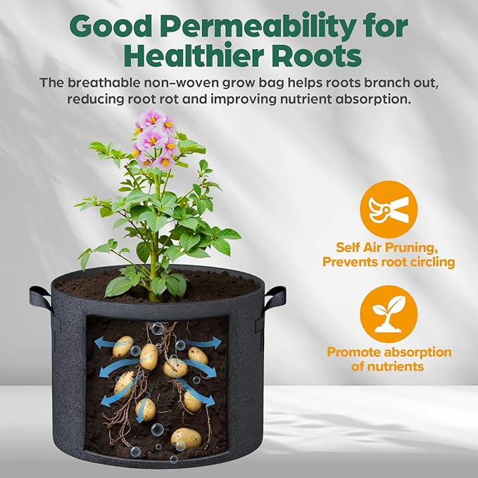 10 Pack 5 Gallon Grow Bags, Thickened Nonwoven Fabric Planter Pots with Handles, Heavy Duty 300G Garden Pots for Tomato, Potato and Vegetable