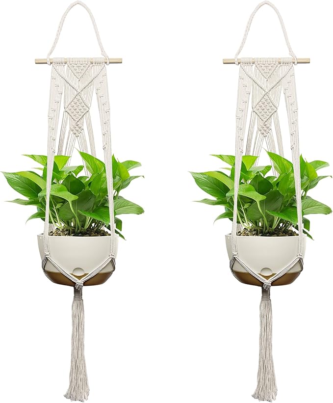 USLAI Macrame Plant Hanger Indoor Outdoor, Fits 4 to 12 Inch Pots, Hanging Planter Holder with Dowel Rod and Tassels, Boho Home Decor, 47+47 Inch, Ivory (POTS NOT Included)