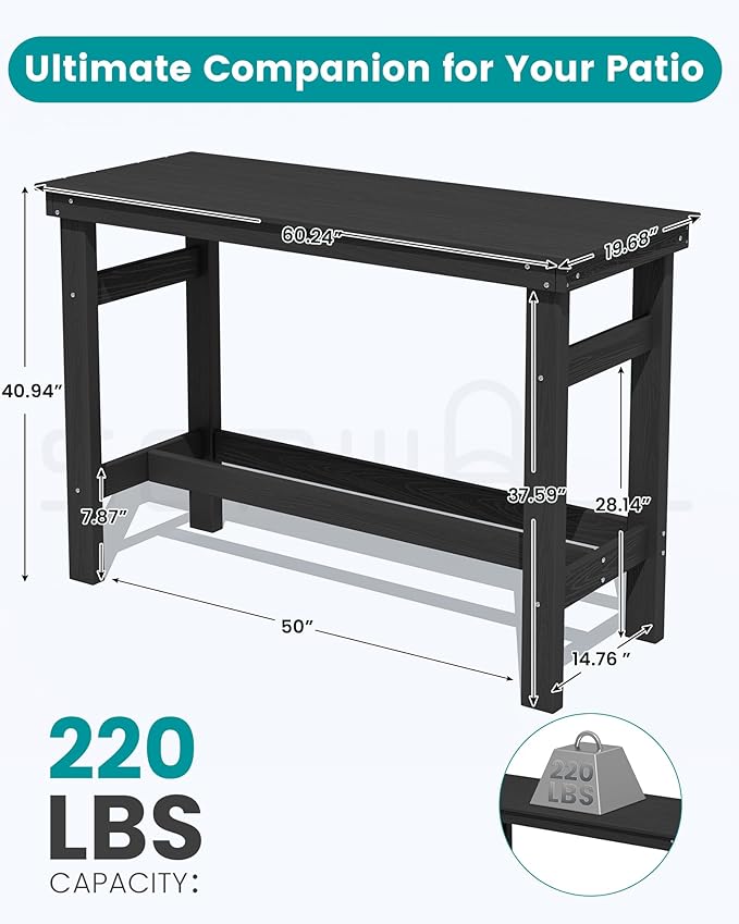 SERWALL 41" Outdoor Bar Table with 1.6" Umbrella Hole, HDPE Patio Bar Counter Height Table, All-Weather Rectangle Bar Table for Backyard, Garden, Poolside, Balcony - Black