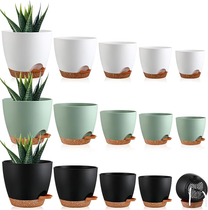 Remerry 15 Pcs 7/6.5/6/ 5.5/5 Inch Self Watering Planters with Drainage Hole Plant Pots Plastic Flower Pots Indoor Plant Pots Self Watering Pots and Saucer Reservoir for Indoor Outdoor Plant Flower