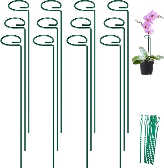 FEED GARDEN 24 Inch 12 Pack Plant Support Stakes, Metal Garden Flower Stakes and Supports for Outdoor Plants, Plant Stem Support with 24 Twist Ties for Amaryllis Lily Rose Peony Tomatoes Gladiolus