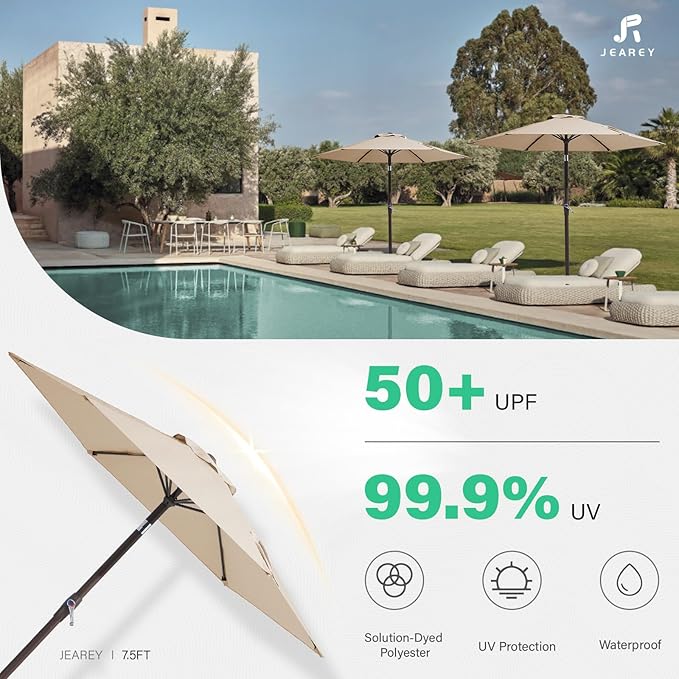JEAREY 7.5FT Patio Umbrella Outdoor Table Umbrella with 6 Sturdy Ribs, Push Button Tilt & Easy Crank Table Umbrella for Garden, Deck, Backyard & Pool, Cream Beige