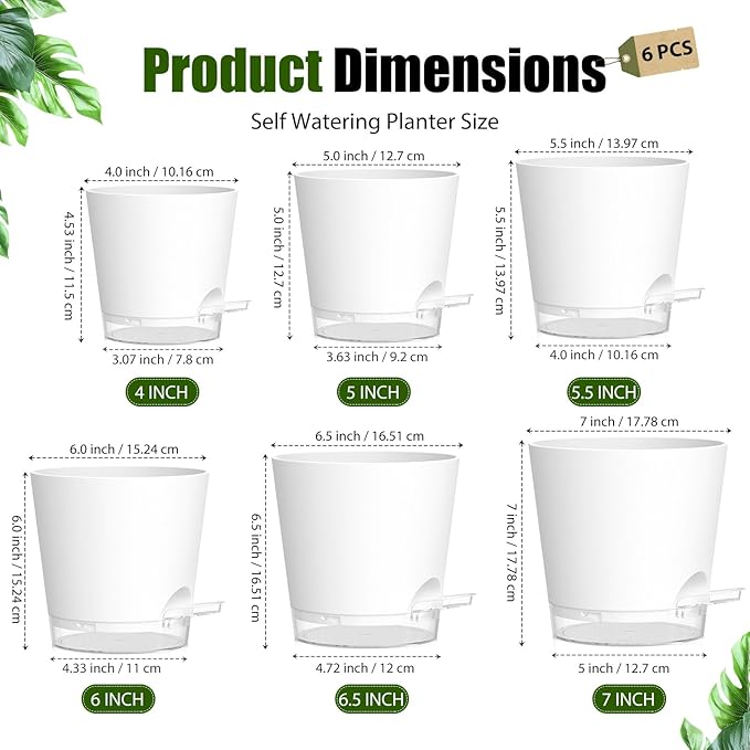 Plant Pots 4/5/5.5/6/6.5/7 Inch Self Watering Pots, 6 Pack Plastic Planters with Drainage Holes and Clear Saucers,Plastic Flower Pots,Nursery Planting Pot for Indoor Out Door Plants(White)