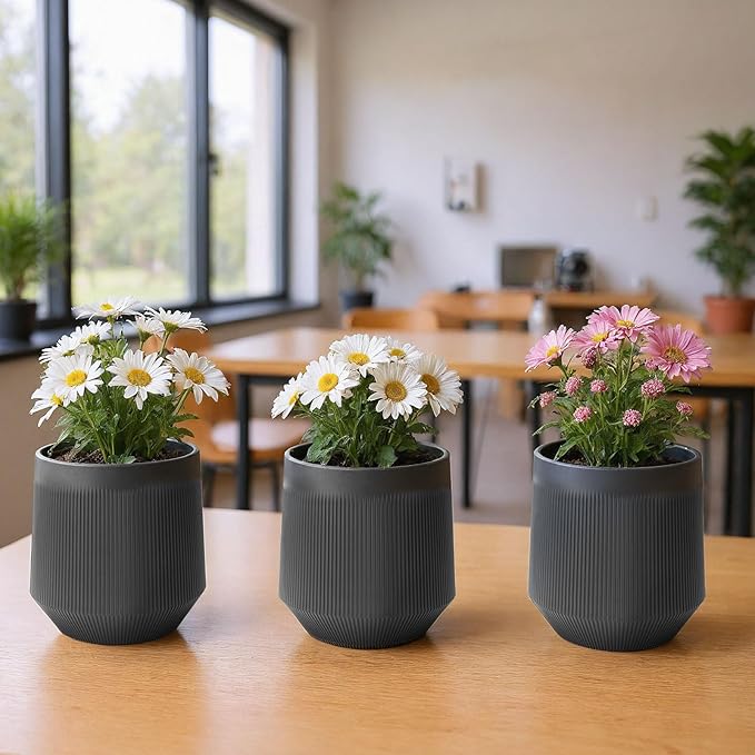 Plant Pots，Set of 3 Plastic Pots for Indoor Plants,Flower Pots Outdoor Planters with Drainage Hole and Seamless Saucer,Gray