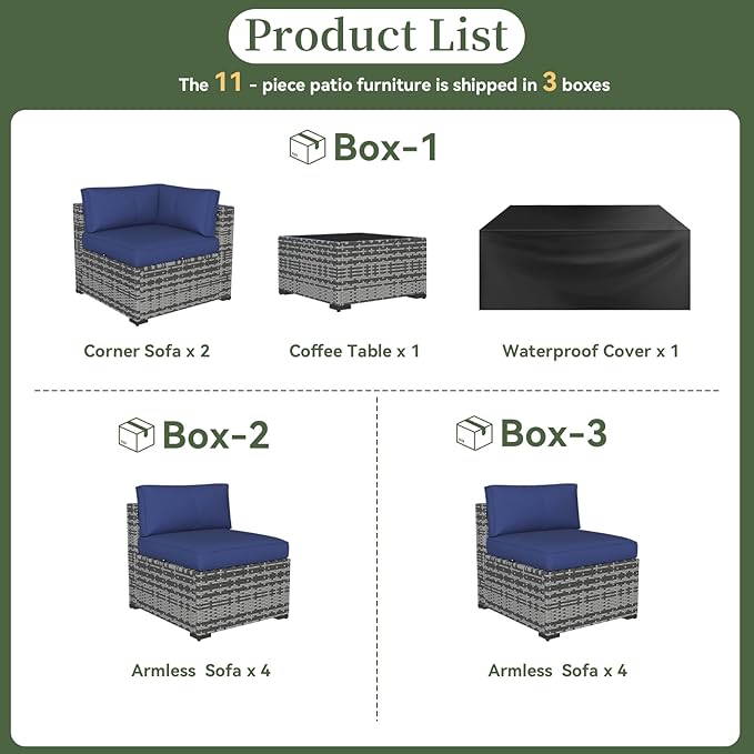 Aoxun 11 Piece Patio Furniture Set Wicker Rattan Patio Conversation Set Outdoor Sectional Sofa Set with Coffee Table and Thickened Cushions, Gray/Blue(Waterproof Cover Included)