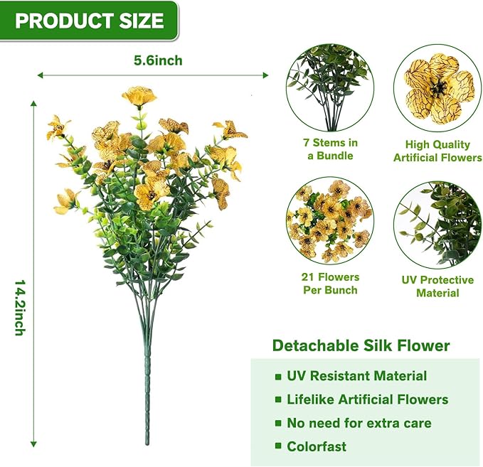 Artificial Flowers for Outdoor,Silk Flowers No Fade Fake Plastic Flowers UV Resistant Faux Plants for Outdoors Outside Front Porch Hanging Planter Window Box Garden Home Decoration,13 Pack(Yellow)