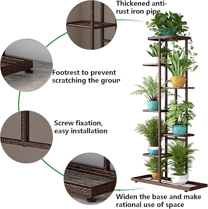 LINZINAR Plant Stand Metal 7 Tier 8 Potted Multiple Flower Pot Holder Shelf Indoor Outdoor Planter Display Shelving Unit for Patio Garden Corner Balcony Living Room, Bronze