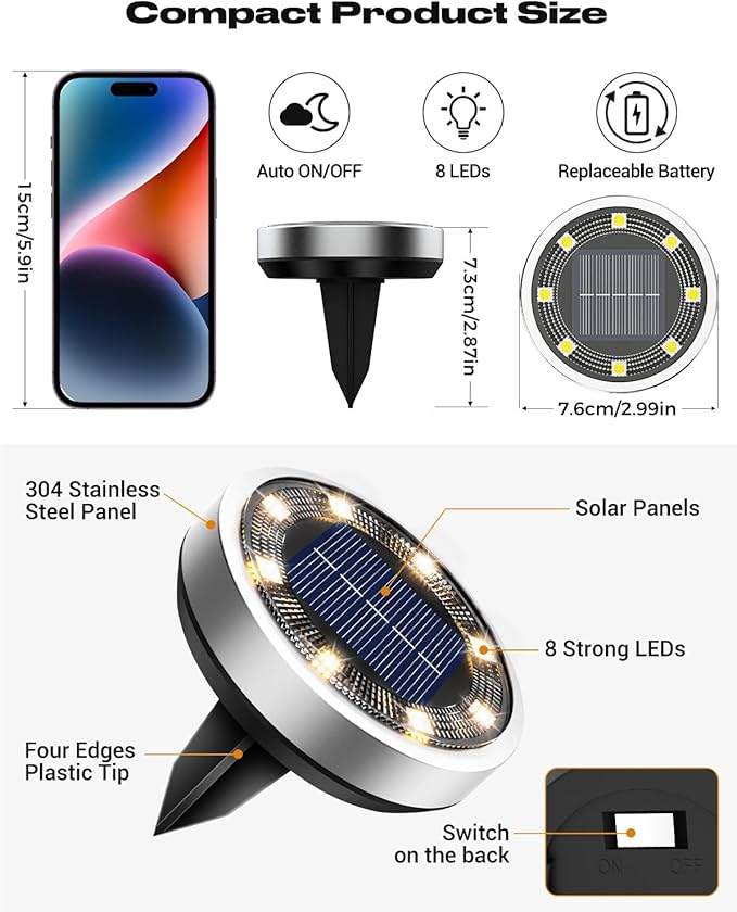 btfarm 16 Pack Solar Lights Outdoor, 8 LED Solar Ground Lights IP65 Waterproof Flat Solar Disc Light, Pathway Lights for Garden Lawn Patio Yard Path Landscape, Warm White