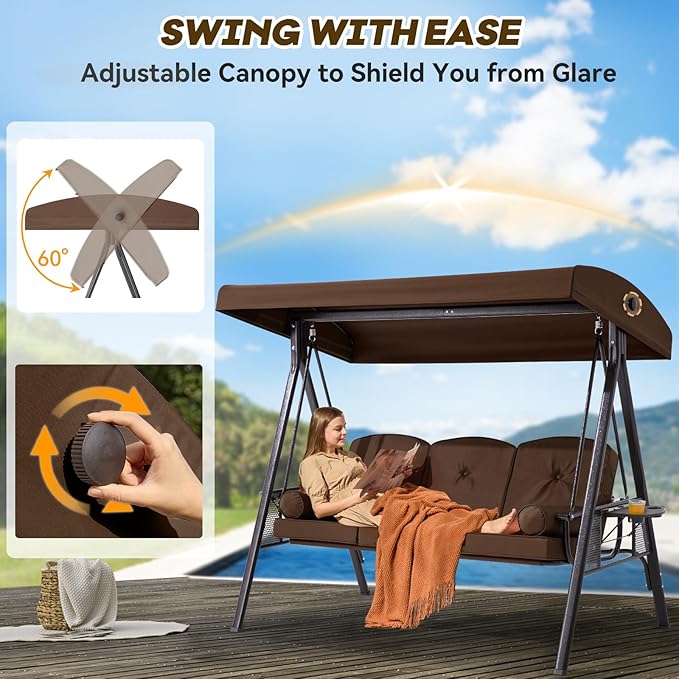 3 in 1 Outdoor Porch Swing with Canopy, 3 Seat Outdoor Swing for Adults, Patio Swing Chair with Thickened Cushions,Pillows & Cup Holders for Backyard, Porch, Garden (Brown)