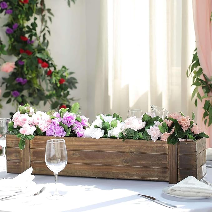 Efavormart 30"x6" Smoked Brown Wood Planter Box with Plastic Liner, DIY Rustic Rectangle Wooden Box for Succulents, Wedding Table Centerpieces and Farmhouse Decorations