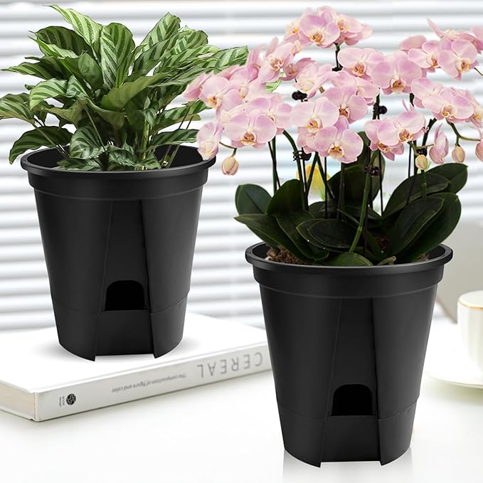 Cdd's Path 5-Pack 6 Inch Naked Root Planter Self Watering Pots Set with Holes for Indoor/Outdoor Plants, Planter Pot with Watering Hole/Reservoir and Air Pipes, Black