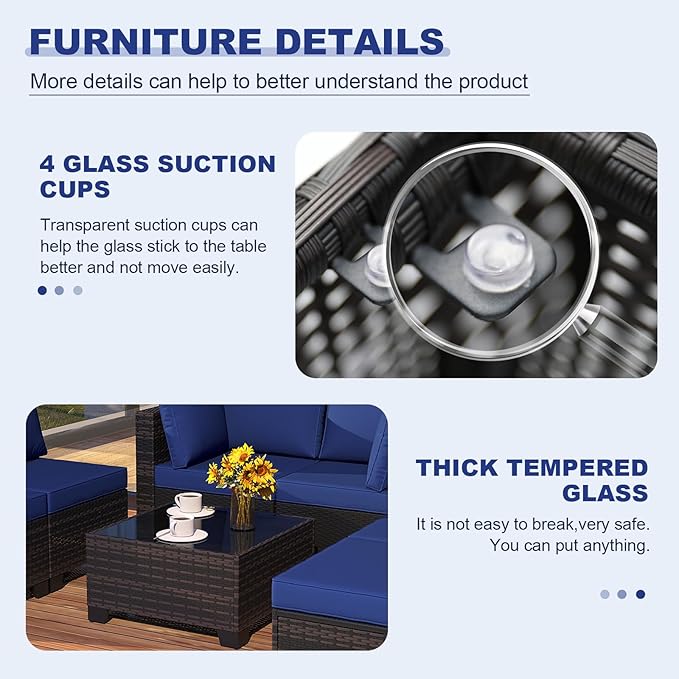 7 Pieces Outdoor Patio Furniture Set, Outdoor Wicker Sectional with Thick Cushions for Garden and Backyard (Brown/Deep Blue)