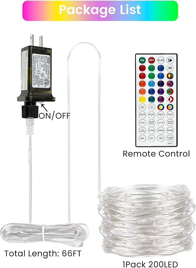 66Ft 200 LED RGB Color Changing Christmas Fairy Lights Plug in, Waterproof String Lights with Remote for Outdoor & Indoor, 24 Colors Twinkle Lights with Timer for Girl's Room Christmas Decorations