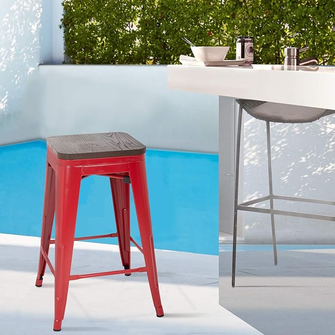 FDW Metal Bar Stools Counter Height Barstool Stackable Barstools Indoor Outdoor Patio Bar Stool Home Kitchen Dining Stool Backless Bar Chair (Red with Wood, 24")