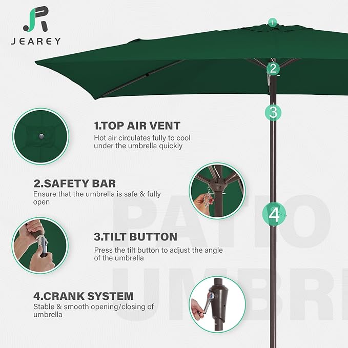 JEAREY 6.5x10 ft Rectangular Patio Umbrellas Rectangle Outdoor Umbrella with Push Button Tilt and Crank, Market Table Umbrella 6 Sturdy Ribs UV Protection for Poolside Garden Backyard Deck, Dark Green