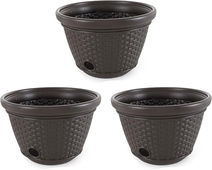 Suncast 3 Pack Decorative Wicker Garden Hose Holder Pot with 4 Drain Holes for 100 Foot Hoses, Java
