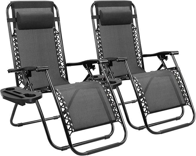 Homall Zero Gravity Chair Patio Folding Lawn Lounge Chairs Outdoor Lounge Gravity Chair Camp Reclining Chair with Pillows for Poolside Backyard and Beach Set of 2 (Dark Black)