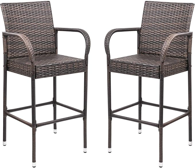 Homall Patio Bar Stools Wicker Barstools Indoor Outdoor Bar Stool Patio Furniture with Footrest and Armrest for Garden Pool Lawn Backyard Set of 2 (Brown)
