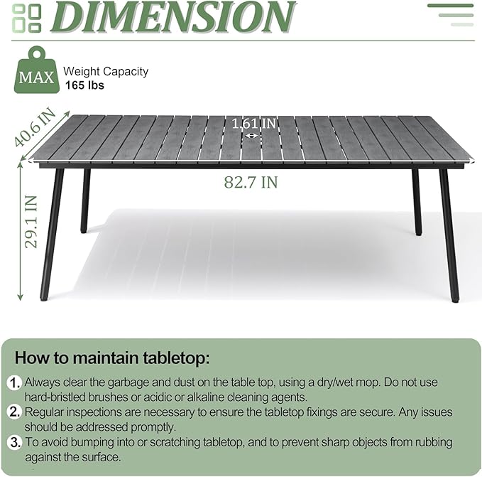 83" Patio Outdoor Dining Table for 6-8, Weather-Resistant Aluminum Frame with Wood-Grain Top & Umbrella Hole for Deck Gatherings, Grey