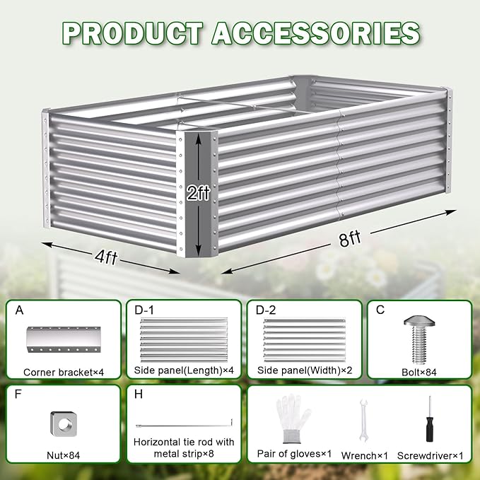 Galvanized Raised Garden Bed Kit Outdoor Patio,8x4x2ft Large Rectangular Metal Planter Boxes,Deep Root Box Planter for Gardening, Vegetables, Flowers, Herbs, 1 Pack, Silver