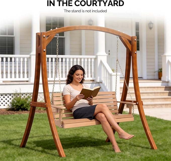 VINGLI Heavy Duty 1600 LBS HDPE Porch Swing Outdoor with Rotatable Cup Holder, 5 FT Patio Bench Swing with Adjustable Chains, 3 Person Hanging Porch Swing Chair for Porch, Yard, Tree, Garden - Teak