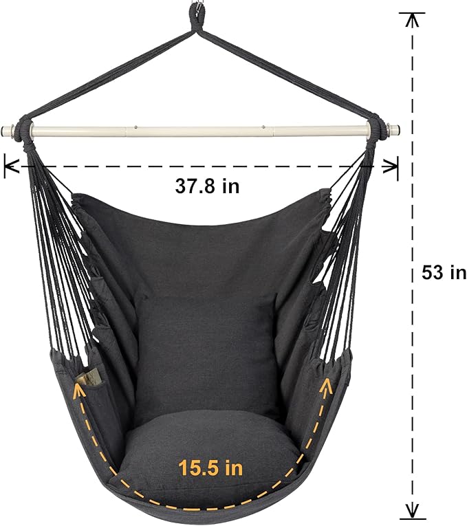 Y- STOP Hammock Chair Hanging Rope Swing Chair, Max 500 Lbs, 2 Seat Cushions Included, Removable Steel Spreader Bar with Anti-Slip Rings, Hardware kit-for Indoor Outdoor(Dark Grey) pcs
