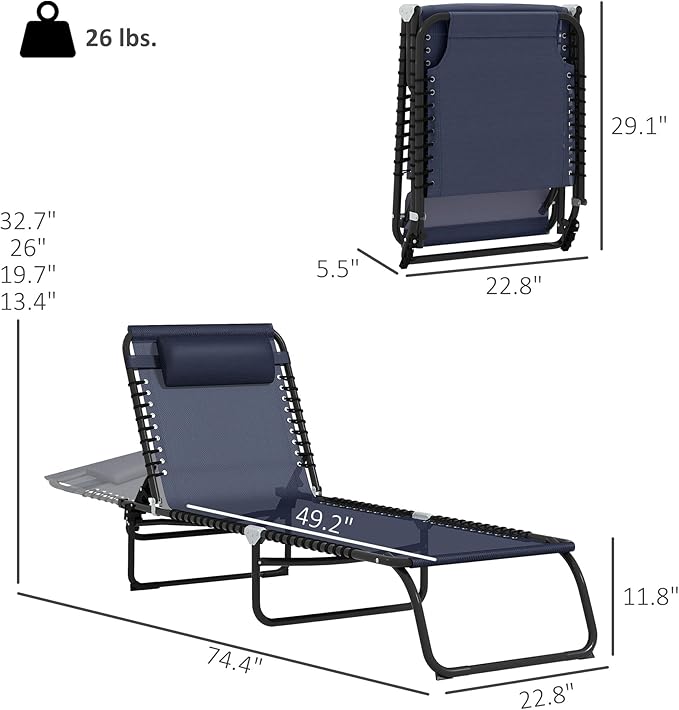Outsunny Folding Chaise Lounge Chair Set of 2, Patio Sun Tanning Chair, Outdoor Chaise Lounger with 4-Position Reclining Back, Breathable Mesh Seat for Beach, Poolside, Dark Blue